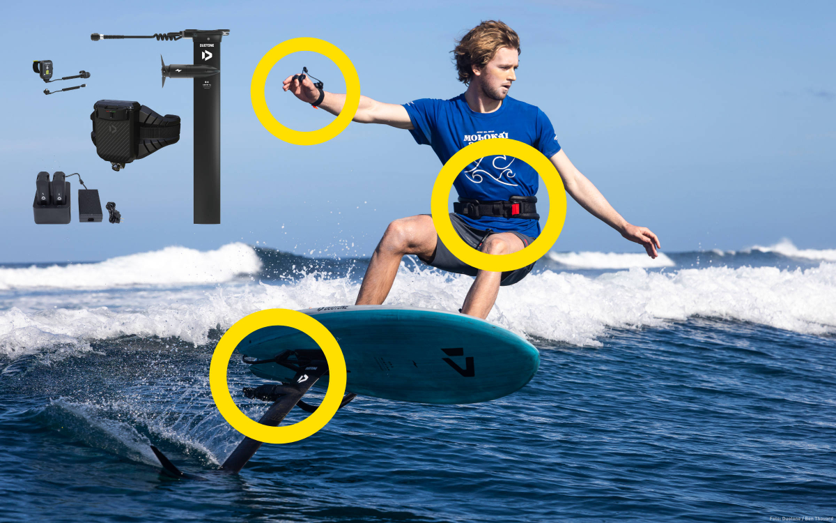 Das Foil Assist System von Duotone: E-Foil mit Akku am Hüftgurt und Fernsteuerung am Handgelenk